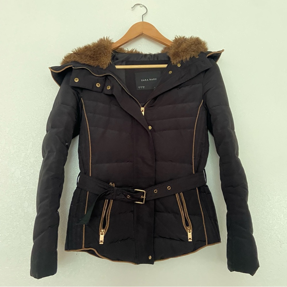 Zara Black & Gold Puffer Jacket with Brown Faux Fur